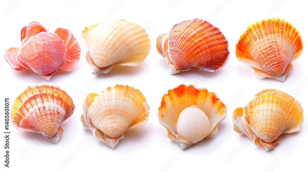 Variety of Colorful Marine Seashells Displayed on a White Background for Coastal Decor Variety of Colorful Marine Seashells Displayed on a White Background for Coastal Decor