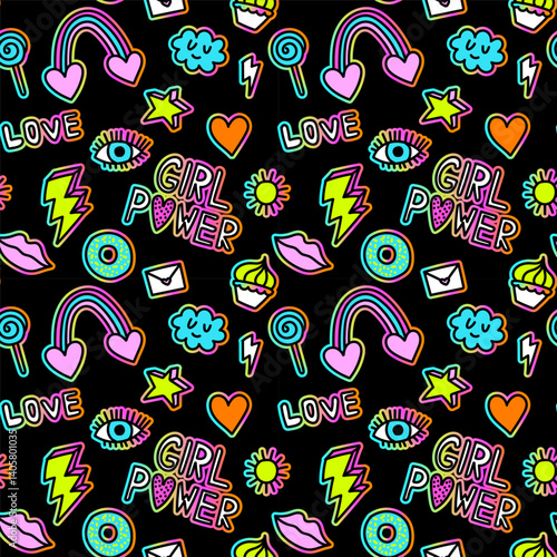Seamless pattern with hand draw words, slogan and icons. Bright  neon Abstract print on black background for fabric, wrapping, wallpaper, apparel. Vector illustration for teen girl style