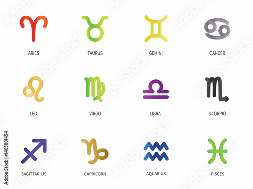 Zodiac signs icon set. Isolated horoscope zodiac symbols, Aries, Taurus, Gemini, Cancer, Leo, Virgo, Libra, Scorpio, Sagittarius, Capricorn, Aquarius, and Pisces. Zodiac astrology vector illustration