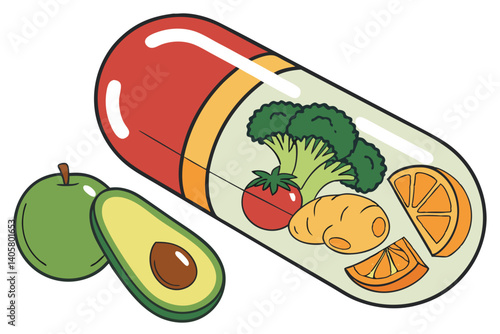 3 Transparent pill capsule, Fresh vegetables and fruits, Healthy nutrition concept, Dietary supplement visualization, Realistic food illustration, Vibrant colors, Green apple, Red tomato, Broccoli, Gi
