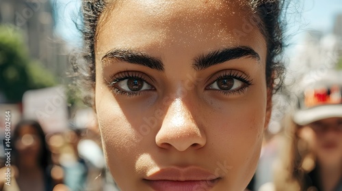 A close up portrait of a woman s intense determined gaze her eyes full of passion and purpose as she stands amidst the crowd of a protest or rally for social justice and change