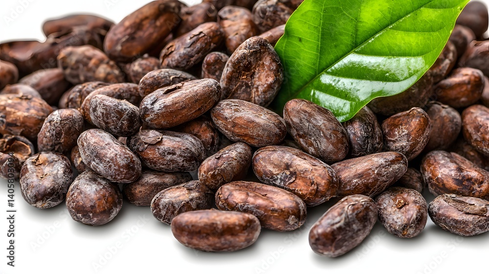 Close-Up of Freshly Roasted Coffee Beans with Green Leaf on White Background Close-Up of Freshly Roasted Coffee Beans with Green Leaf on White Background