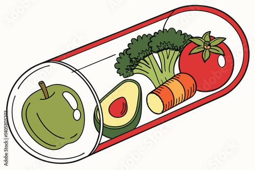 3 Transparent pill capsule, Fresh vegetables and fruits, Healthy nutrition concept, Dietary supplement visualization, Realistic food illustration, Vibrant colors, Green apple, Red tomato, Broccoli, Gi