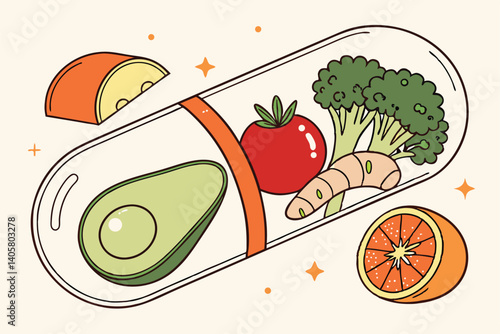 3 Transparent pill capsule, Fresh vegetables and fruits, Healthy nutrition concept, Dietary supplement visualization, Realistic food illustration, Vibrant colors, Green apple, Red tomato, Broccoli, Gi