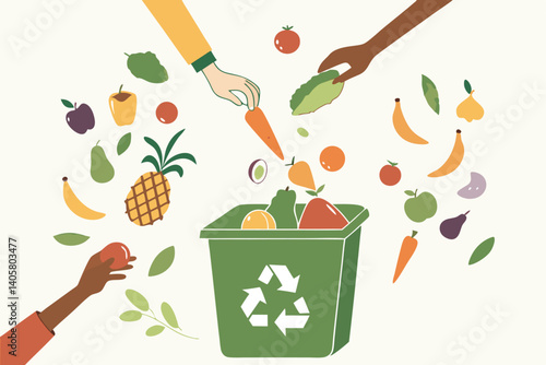 4 Food waste recycling, multiple hands dropping vegetables, green recycling bin, diverse ingredients, colorful produce, environmental awareness, sustainability concept, overhead view, white background