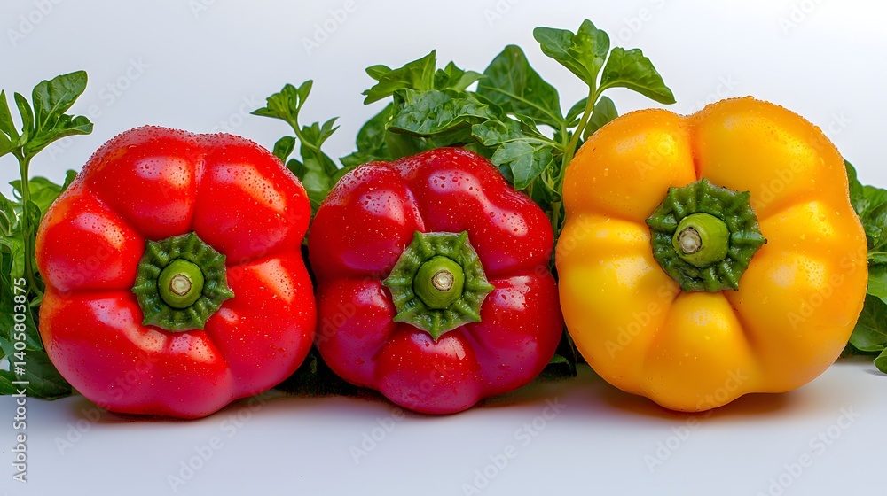 Trio of Colorful Bell Peppers with Fresh Green Leaves Against White Background Trio of Colorful Bell Peppers with Fresh Green Leaves Against White Background