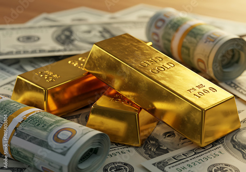 Golden gold bars and rolls of cash on a bed of hundred-dollar bills, illustrating wealth.