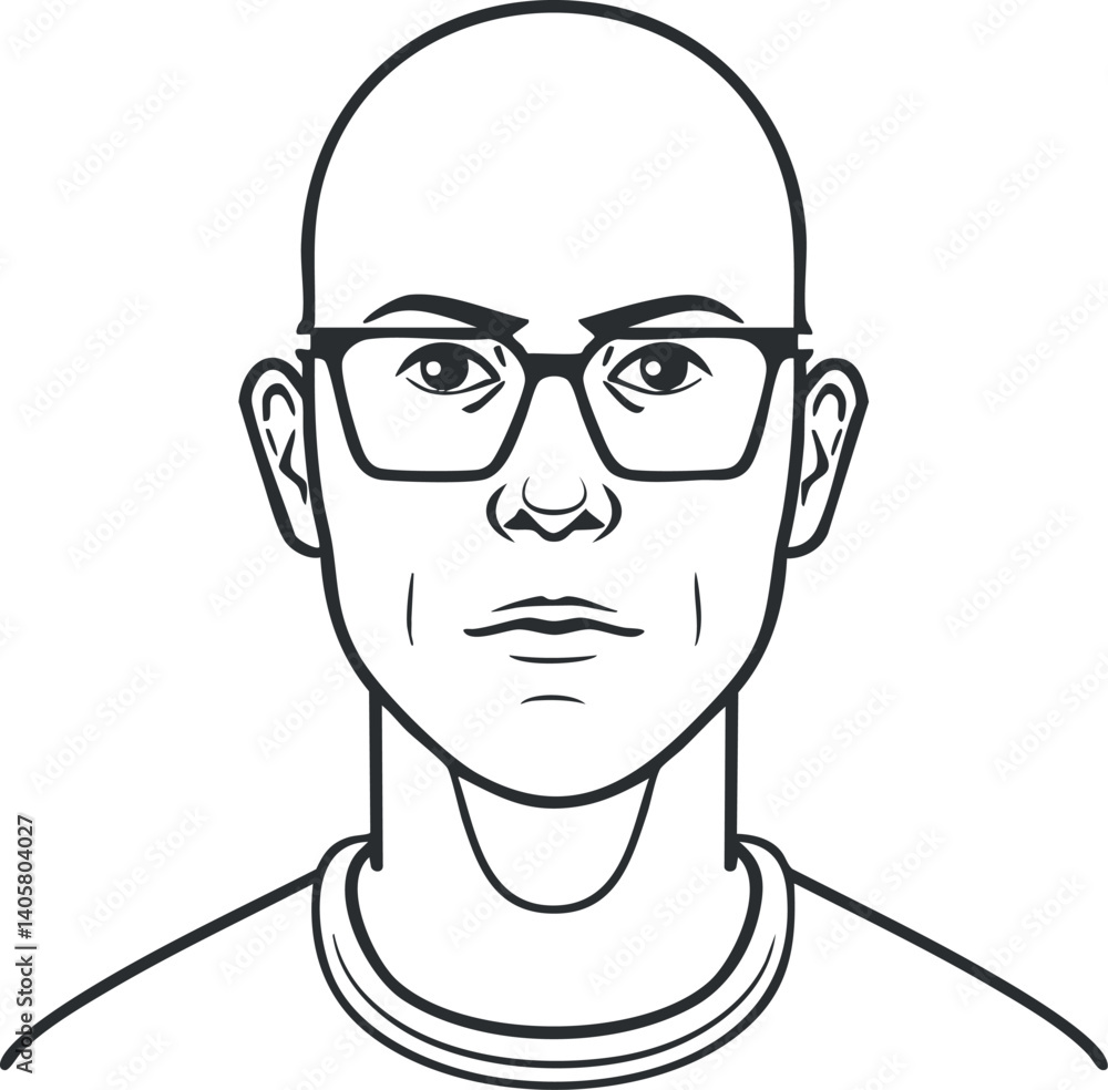 A minimalist line art portrait of a bald man wearing glasses with a serious expression. A minimalist line art portrait of a bald man wearing glasses with a serious expression.