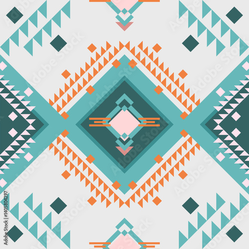 Seamless geometric ethnic pattern on green background. Native American tribal fabric. Embroidery Motif African pattern. Suitable for textile, tile, Navajo, christmas, vector illustration design.