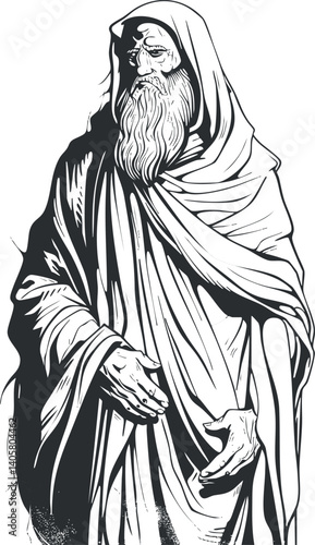 A wise old man with a beard wearing a robe, embodying wisdom and mysticism in art.