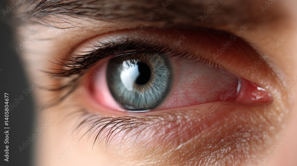 Fototapeta premium Close-up of red, irritated eye showing pain. Eye pain