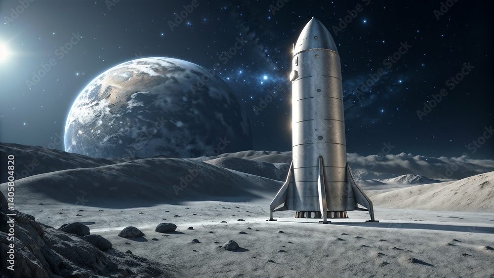 Naklejka premium Rocket on Moon's Surface with Earth in Background 