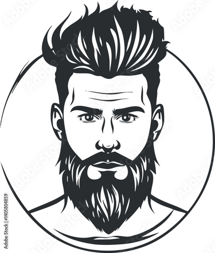 Stylish black and white illustration of a bearded man with trendy hairstyle and expression.