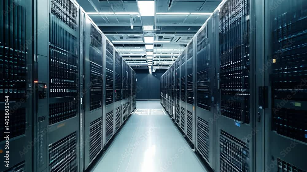 Camera Moving Through Modern Data Center Aisle Between Server Racks ...