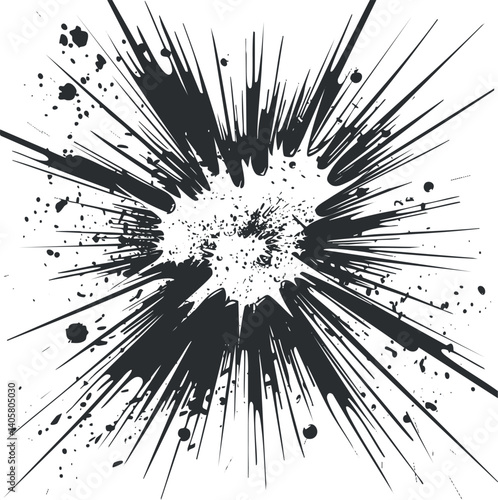An abstract black explosion graphic with dynamic splashes and vivid lines radiating outward.