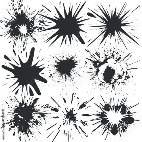 A collection of dynamic black ink splashes and bursts with various shapes and sizes.