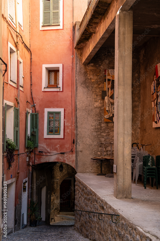 Fototapeta premium Picturesque Streets and Colorful Houses of Saorge Village: A Charming Snapshot of the Southern French Countryside
