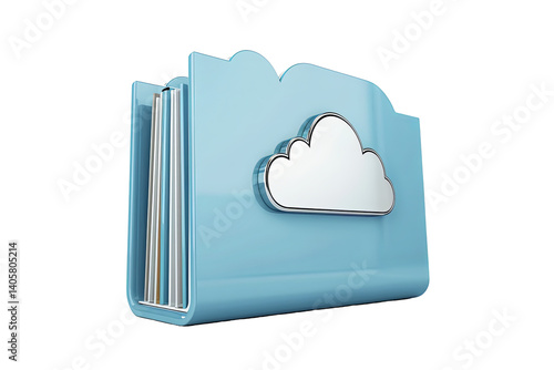 A glossy, light blue folder with a silver cloud sits against a transparent background, symbolizing file storage or cloud computing
