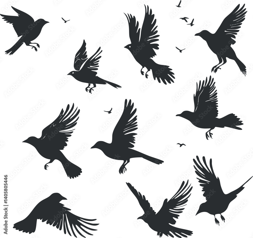 A dynamic collection of flying bird silhouettes showcasing grace and movement in nature. A dynamic collection of flying bird silhouettes showcasing grace and movement in nature.