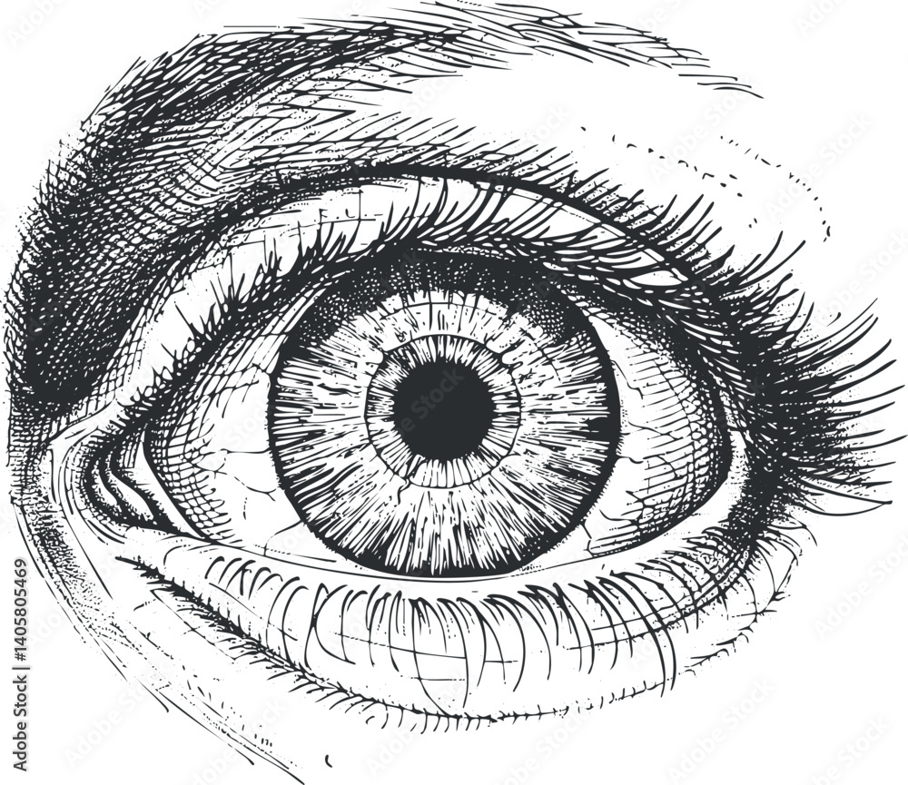 Obraz premium A detailed sketch of a human eye showcasing the iris and pupil in black and white.