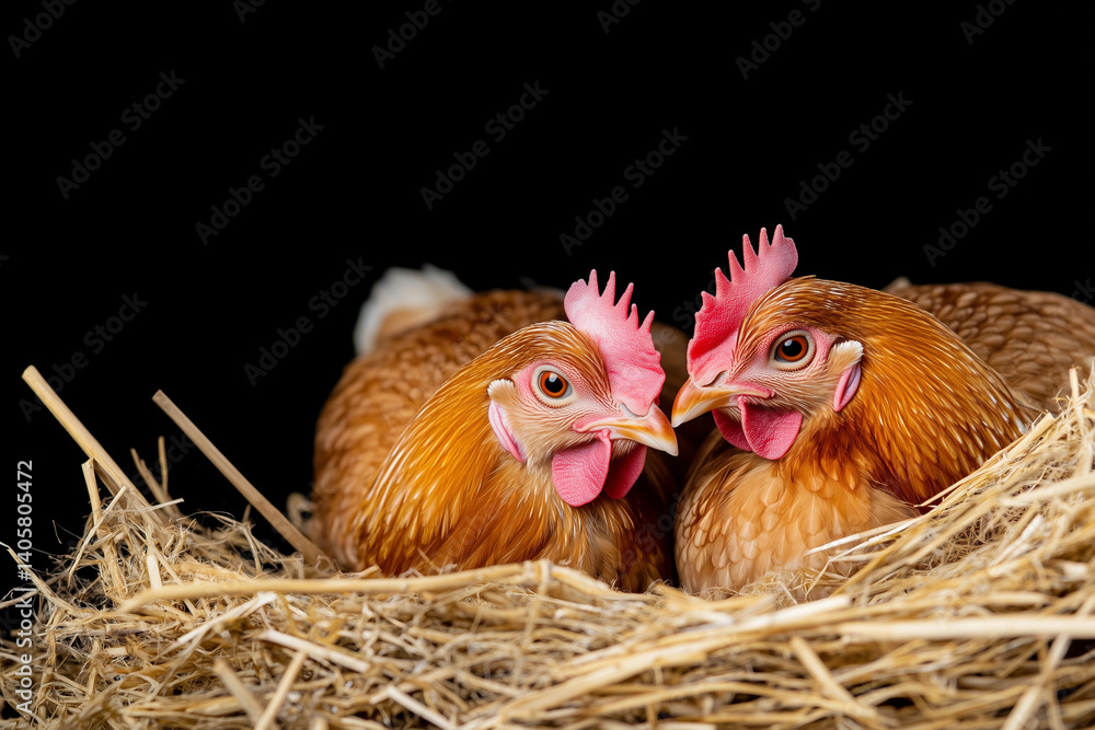 Fototapeta premium Two chickens resting in a nest, captured against a stark backdrop, offering a glimpse into farm life