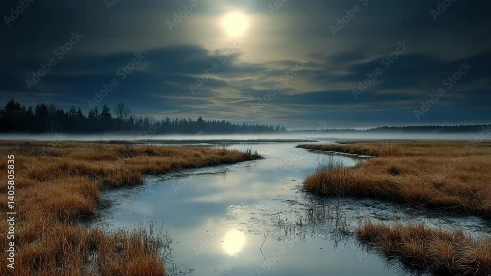 Serene Misty River Landscape with Sun Reflection and Moving Clouds Serene Misty River Landscape with Sun Reflection and Moving Clouds