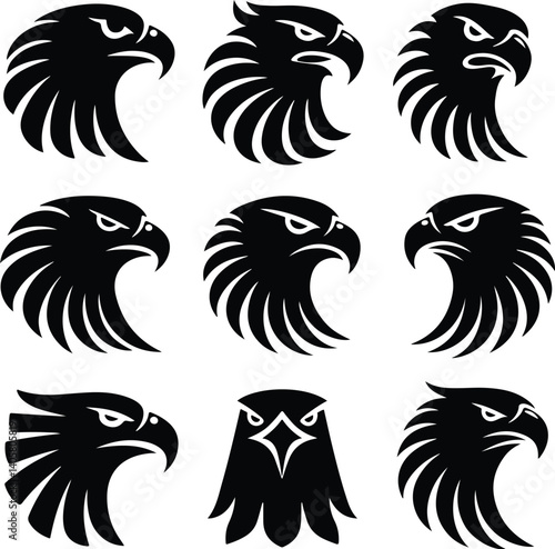 Bold Eagle Face Font View | Head Silhouette Icon Set Eagle Head Silhouette Set | Front View Bird Vector Art