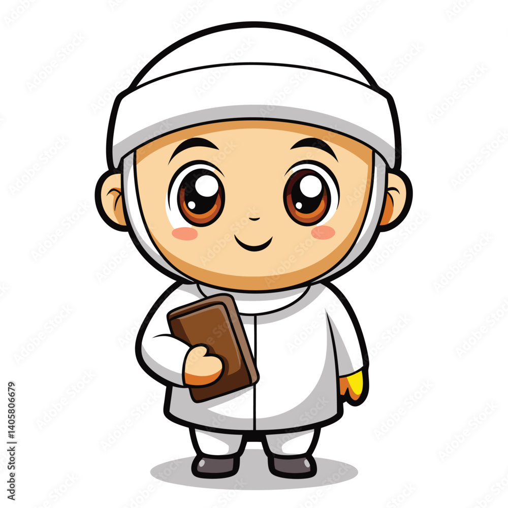 Cute cartoon boy in a thobe holding a book Cute cartoon boy in a thobe holding a book