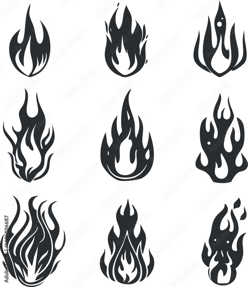 A collection of diverse fire flame icons in black silhouette style, perfect for design use. A collection of diverse fire flame icons in black silhouette style, perfect for design use.