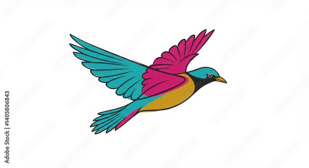 Fototapeta premium Colorful stylized bird illustration with vibrant feathers in pink, turquoise, and yellow 