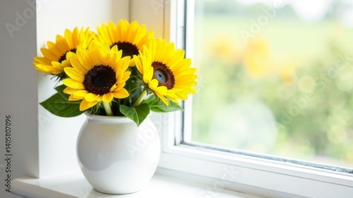 Sunflowers in a minimalist white vase stand by the window on a white windowsill