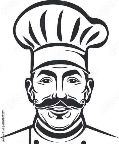 Stylized illustration of a smiling chef wearing a traditional hat and mustache in a kitchen setting.