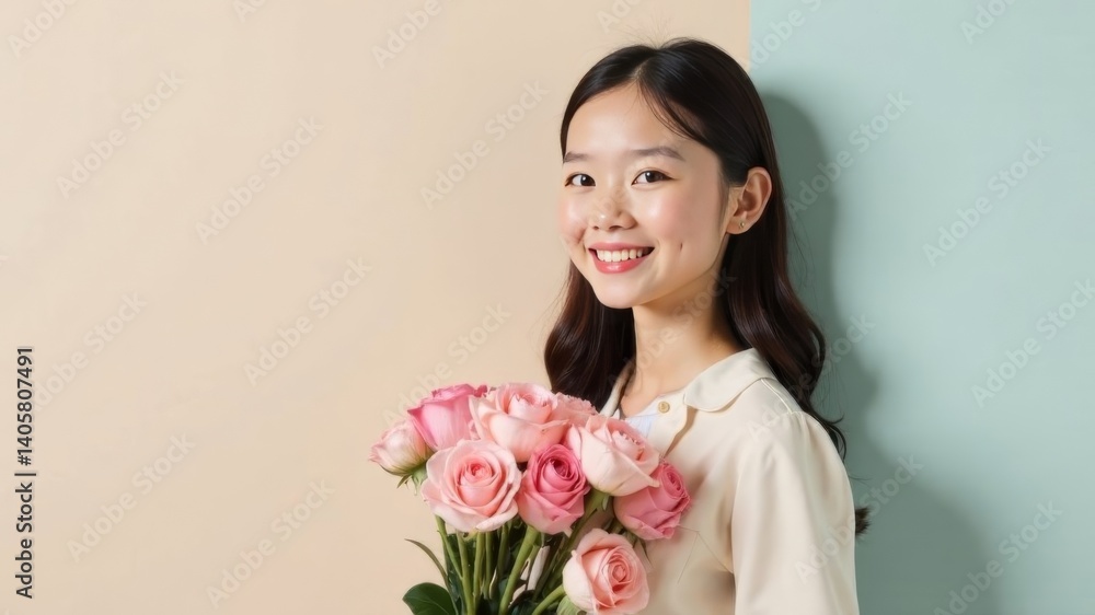 Smiling girl in white shirt holding bouquet of roses against beige and blue wall background. Smiling girl in white shirt holding bouquet of roses against beige and blue wall background.