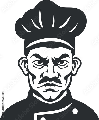 A serious chef character illustration in black and white with a distinctive hat and expression.
