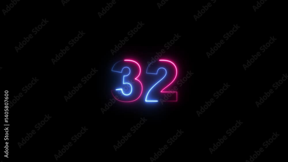 Neon 32 number icon animation features pulsating, Neon 32 number icon animation features pulsating,