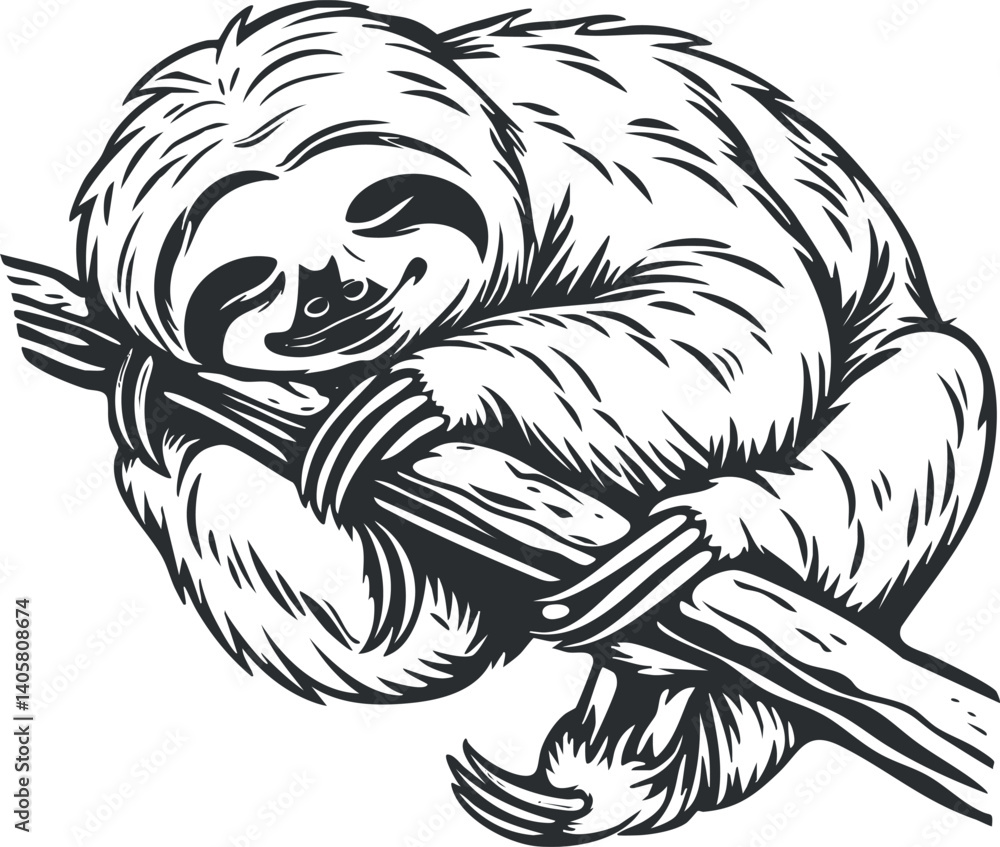 Obraz premium A cute illustration of a sleeping sloth resting on a branch in a whimsical style.