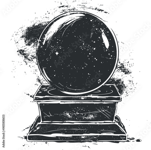 A vintage illustration of a crystal ball on a pedestal symbolizing divination and mystical practices.