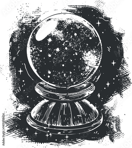 A vintage illustration of a crystal ball surrounded by stars and mystical elements.