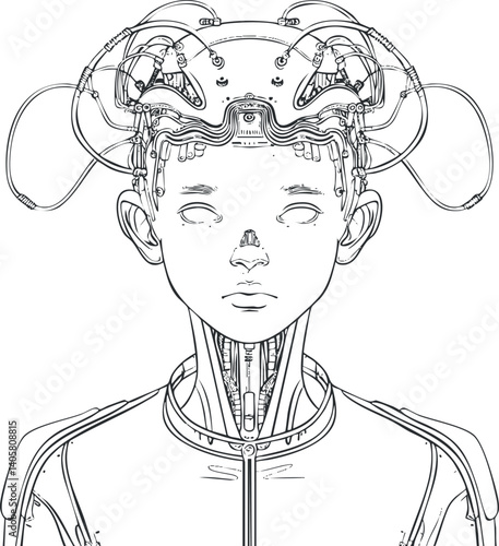 Futuristic portrait of a cybernetic character featuring advanced technology and mechanical elements.