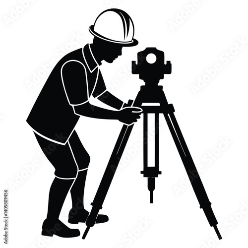 Surveyor Using A Theodolite Instrument Land Surveying And Engineering Surveying Silhouette Vector Illustration Professional Quality Site Measurement