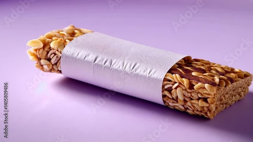 A crispy granola bar, partially unwrapped, rests on a light purple background