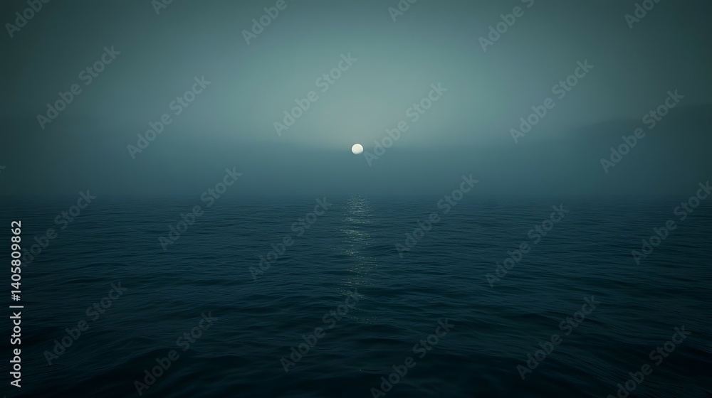 Obraz premium Foggy ocean view with sun shining through mist creating a serene atmosphere.