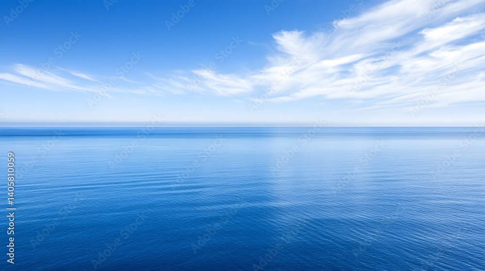 Obraz premium Calm blue ocean water meets the horizon under a bright blue sky with clouds.