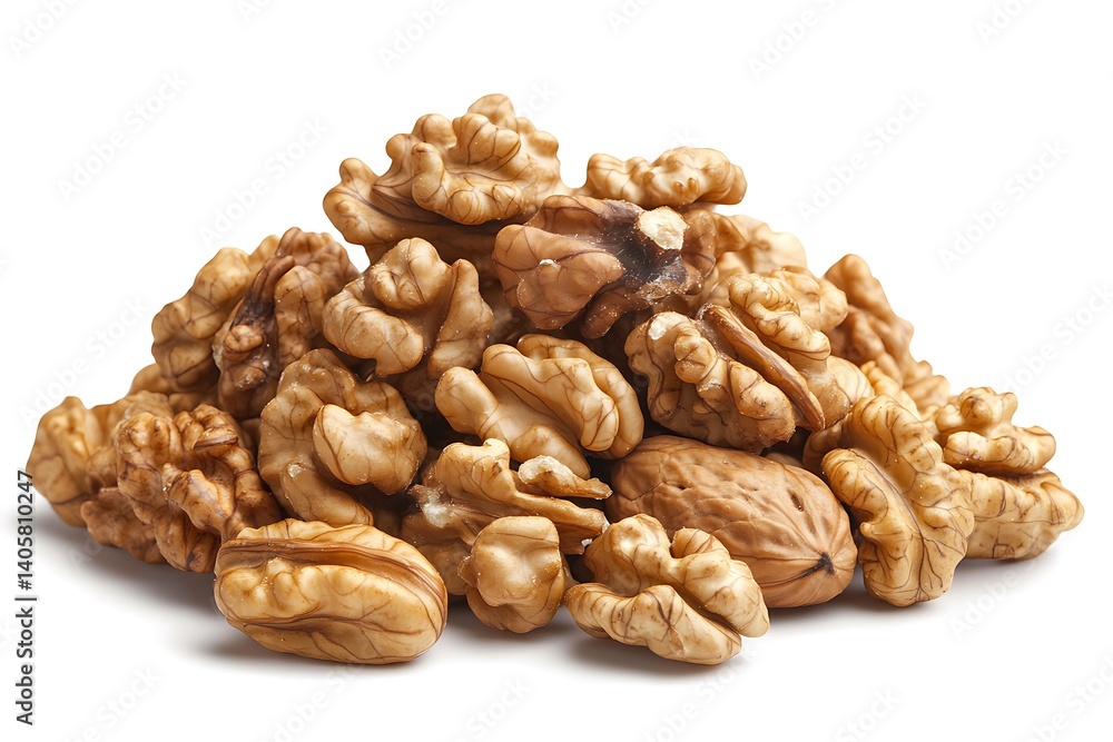Heap of fresh walnuts with detailed texture on a bright white background Heap of fresh walnuts with detailed texture on a bright white background