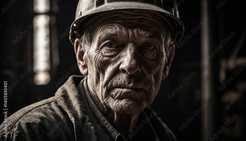 Experienced old construction worker wearing a hard hat with a focused expression in a dimly lit environment Experienced old construction worker wearing a hard hat with a focused expression in a dimly lit environment