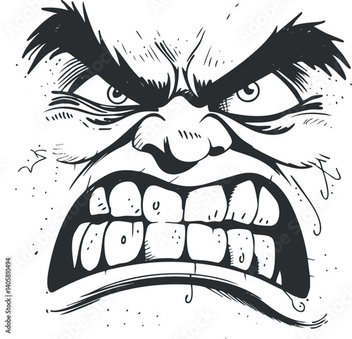 An intense cartoon illustration of an angry face showing strong emotions and expressions.