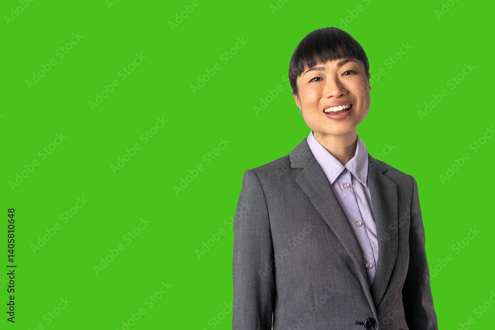 Cheerful Japanese businesswoman smiling at camera, posing confidently on green chroma key background, professional Asian female model portrait