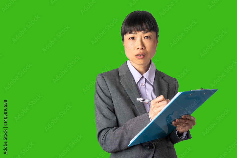 Smiling Asian businesswoman writing on clipboard with pen, holding paper in hand, standing in front of green chroma key background, Japanese female model Smiling Asian businesswoman writing on clipboard with pen, holding paper in hand, standing in front of green chroma key background, Japanese female model