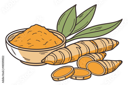 6 Turmeric roots, fresh turmeric, sliced turmeric, turmeric powder, vibrant orange, earthy spice, culinary ingredients, organic produce, aromatic spices, Indian cuisine, anti-inflammatory superfood, r