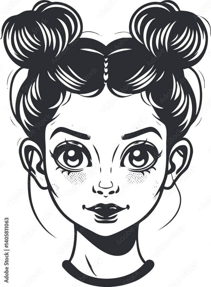 A cute cartoon girl with bun hairstyle and expressive eyes in a stylized illustration. A cute cartoon girl with bun hairstyle and expressive eyes in a stylized illustration.